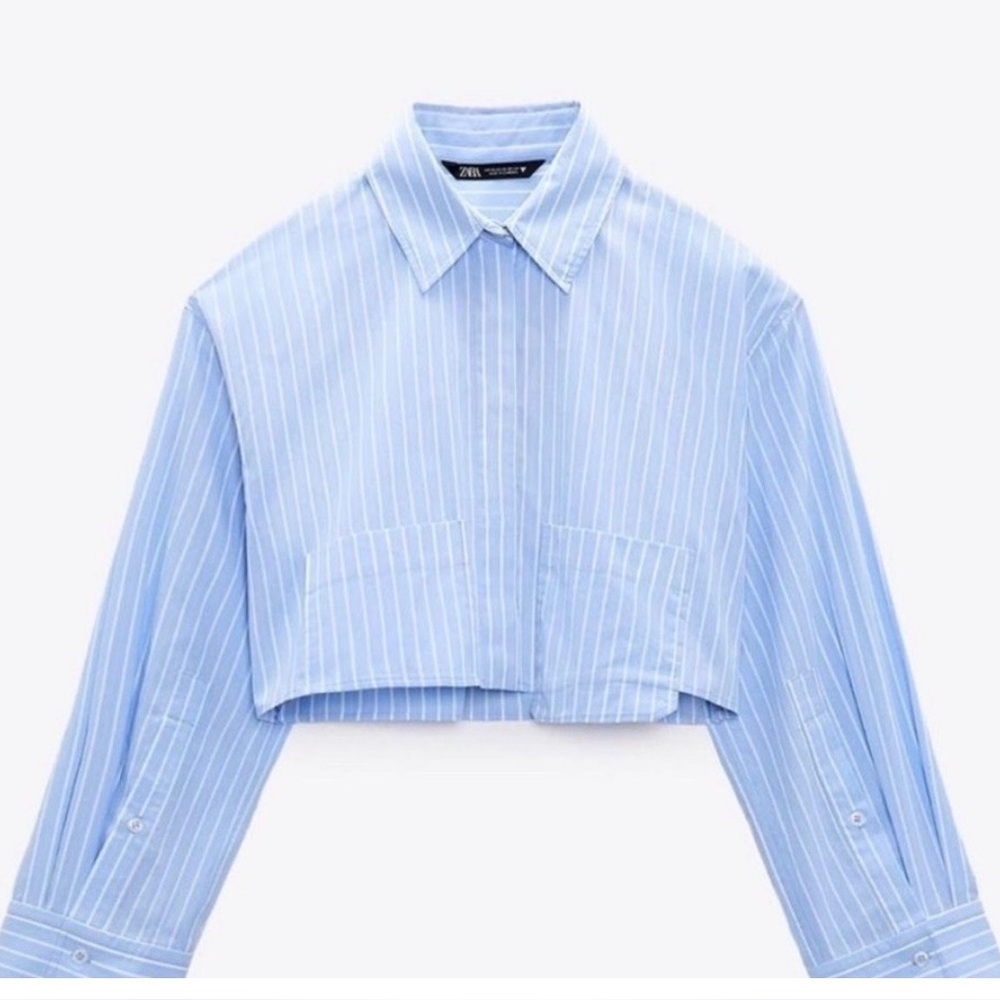 Zara Light Blue and White Striped Cropped Blouse